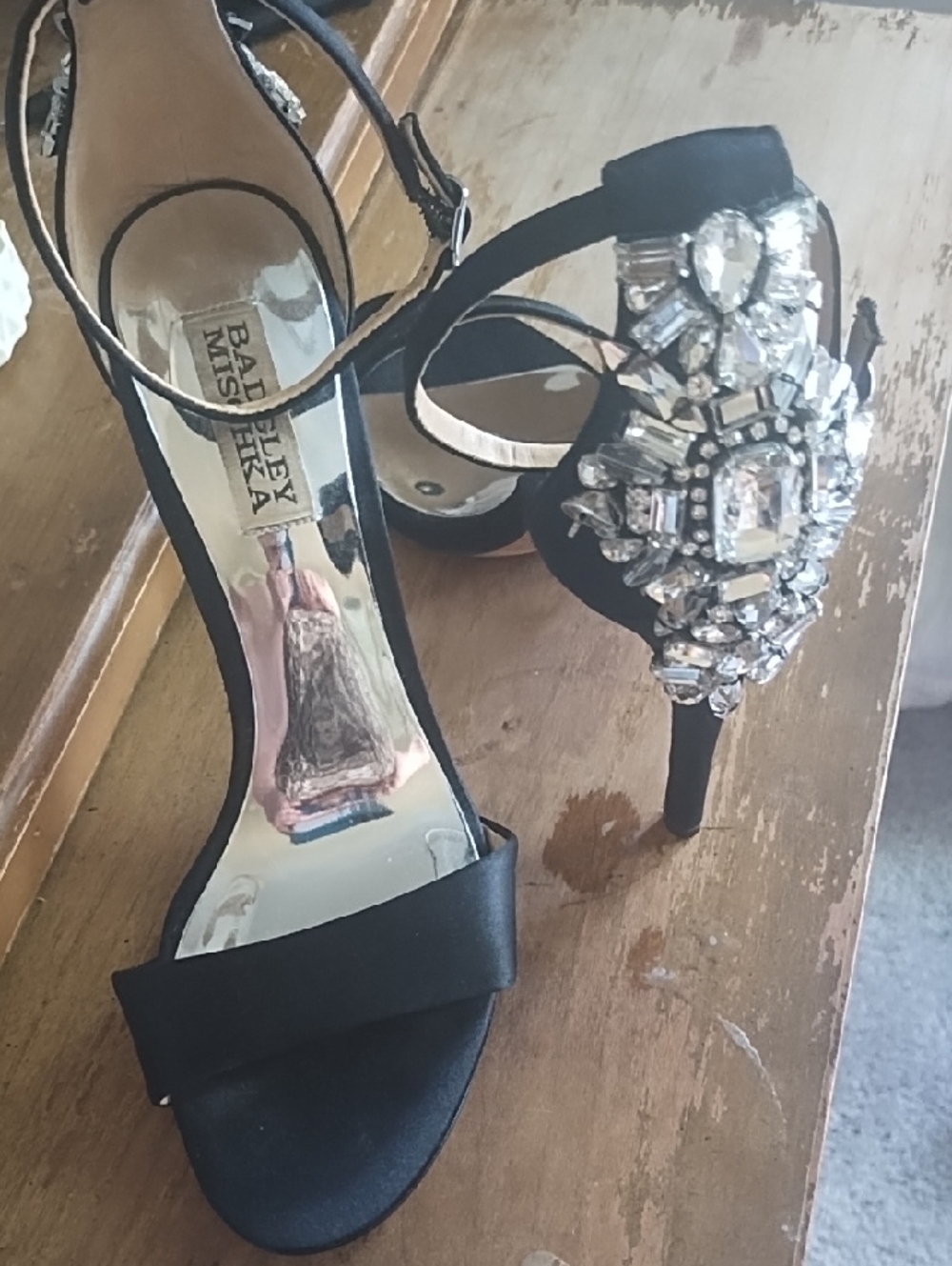 Badgley Mischka Black Satin Open Toe Embellished Heels 7.5